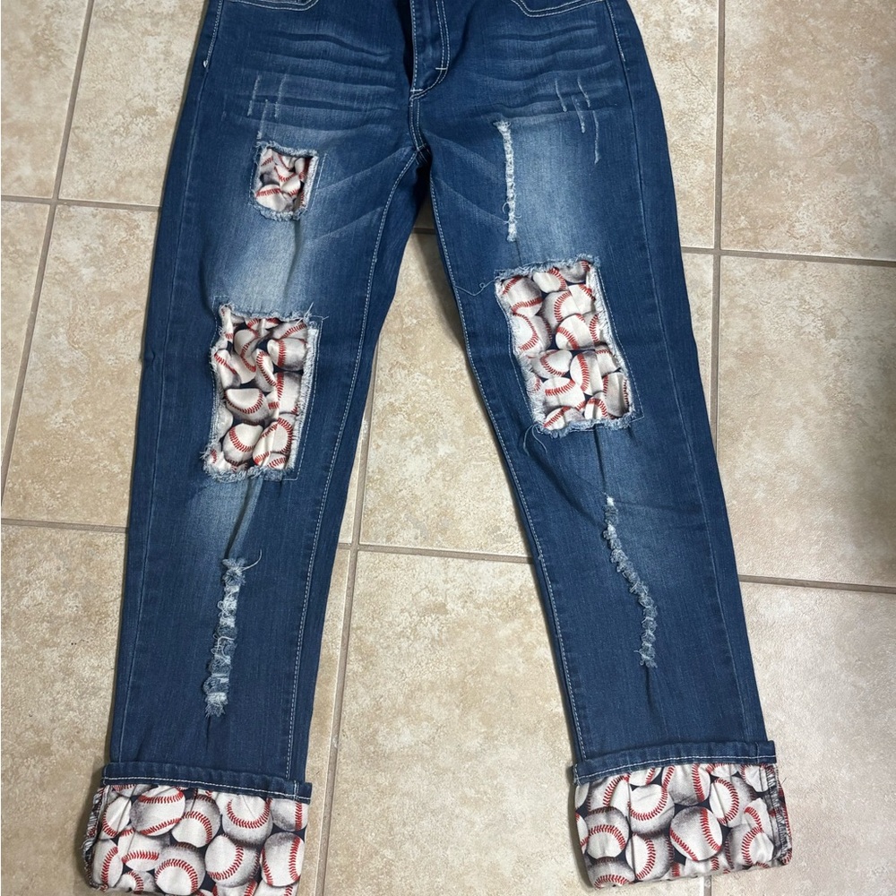 L&B Dark Blue Distressed Boyfriend Jeans with Baseball Patch